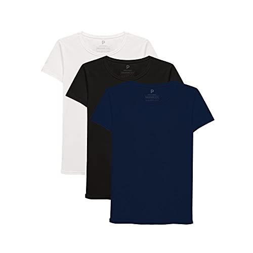 Camiseta basicamente. Kit 3 Camisetas Babylook Gola C Feminina feminino, Branco/Preto/Marinho, P