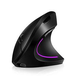2.4G sem fio vertical mouse vertical recarregável ergonômico mouse 3 níveis de DPI ajustáveis RGB luz de fluxo Plug N Play, preto