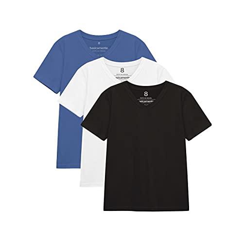 Kit 3 Camisetas Gola V Unissex; basicamente; Azul Oceano/Branco/Preto 12