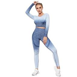 Lhyxuuk Calc?a Legging Feminina Mulheres Conjunto Sem Costura Gym Esporte Fitness Yoga Conjunto Top Sutiã e leggings Feminino (M, Azul e Branco)
