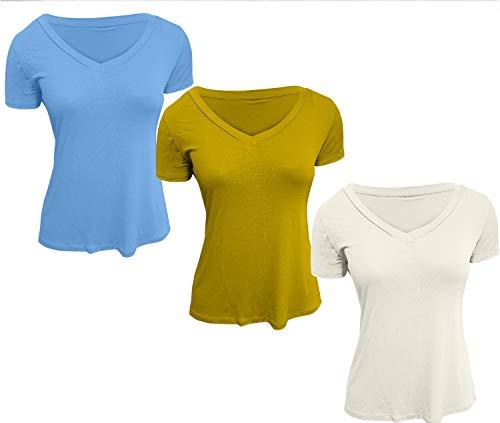 Kit 3 Camisetas Feminina Gola V Podrinha (Off - Mostarda - Azul Bebê, M 36 ao 44)