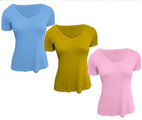 Kit 3 Camisetas Feminina Gola V Podrinha (Rosa Bebê - Azul Bebê - Mostarda, M 36 ao 44)