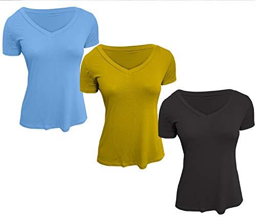 Kit 3 Camisetas Feminina Gola V Podrinha (Preta - Azul Bebê - Mostarda, EXG 46 ao 54)