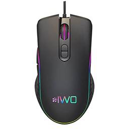 Mouse Para Game IWO W02, óptico USB com fio e dpi ajustável até 6400, 7 botões, LED, RGB, cabo de 1,5 M…