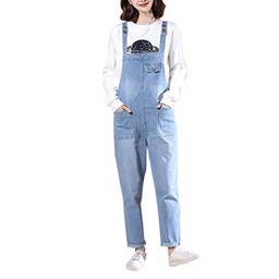 Elonglin Macacão Feminino de Jeans Calças Folgadas com Bolsos Frontais Alças Ajustáveis Macacão Jeans Moderno para Mulheres GG Azul Claro