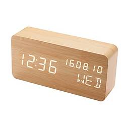 Staright Despertador de mesa de madeira com controle de voz, temperatura ajustável, tela de 3 brilho e LED Despertador digital para cabeceira do quarto