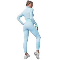 Lhyxuuk 3 Peças Conjunto Fitness Roupa Academia Esportiva Yoga Calça Legging Top Sutiã e Jaqueta Feminino (M, Céu Azul)