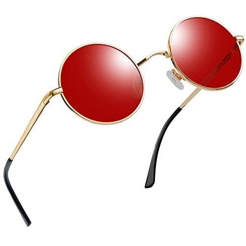 Óculos de Sol Joopin Redondos Masculinos e Femininos Polarizados,John Lennon Pequeno Círculo Hippie Vintage Retrô Steampunk Armação de Metal com Proteção UV (Lente Vermelho/ Moldura Dourada)