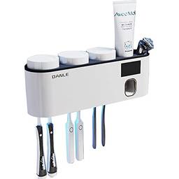 NEARAY Porta Escova De Dente Esterilizador Uv Recarregamento Solar com 3 xícaras, recarregável secagem rápida suporte de escova de dentes fixado na parede Carregamento de energia leve (Branco)