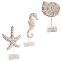 VOSAREA 3 peças de decoração náutica de madeira estilo mediterrâneo estátua de concha de cavalo marinho para decoração de casa rústica vintage praia costeira marrom claro branco