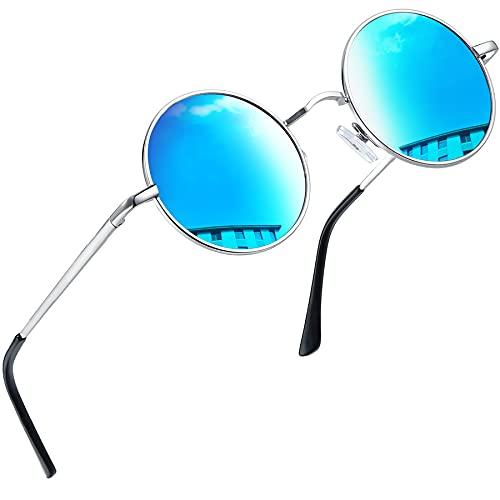 Joopin Óculos de Sol Redondo Masculinos Femininos Polarizado, John Lennon Pequeno Círculo Hippie Vintage Retrô Steampunk Metal Óculos de Sol (Azul)