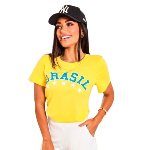 Camiseta do Brasil Feminina Copa do Mundo 2022 Donna Martins Cor:Amarela;Tamanho:Tamanho Único - M (36 a 42)