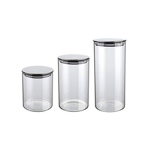 Conjunto com 3 Potes de Vidro transparente Slim com tampa Inox, VDR6866-3, Euro Home