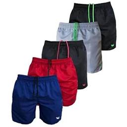 Kit 5 Shorts Moda Praia Lisos Masculinos Tactel Com Cordão Neon Relaxado (P, Preto (Verde E Rosa) Cinza-Verde, Azul E Vermelho)