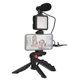 Bonnu Kit Vlog para Smartphone Mini Luz de Vídeo LED + Microfone Cardioide + Clipe de Telefone Extensível + Tripé com Brilho Ajustável para Vlog de Transmissão ao Vivo Gravação de Vídeo Videoconferência