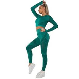 Lhyxuuk Conjunto Top E Legging Fitness Calça,Top Mangas Compridas Conjuntos Feminino De Academia Moda Fitness (XP, verde)