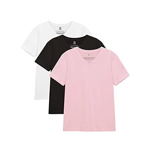Kit 3 Camisetas Gola V Unissex; basicamente; Branco/Preto/Rosa Orquídea 16