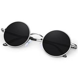 Óculos de sol polarizados redondos Retrô Steampunk, Lennon Óculos Dark Armação de Vintage Hippie Metal, Óculos de Sol Proteção Solar UV
