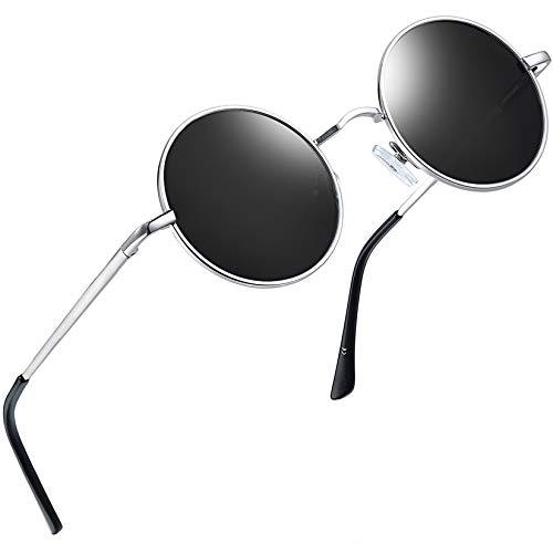Joopin Óculos de Sol Redondo Masculinos Femininos Polarizado, John Lennon Pequeno Círculo Hippie Vintage Retrô Steampunk Metal Óculos de Sol (Preto Prateado)