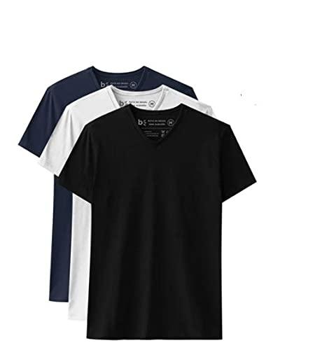 Camiseta basicamente. Kit 3 Camisetas Gola V Masculina masculino, Branco/Preto/Marinho, G