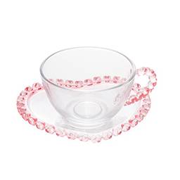 LYOR Coração Xícara para Chá com Pires de Cristal, Transparente/Rosa, 170 ml