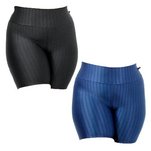 Kit 2 Shorts Cirre 3D Plus Size cintura alta brilho molhado couro poliamida (Preto, Azul G5)