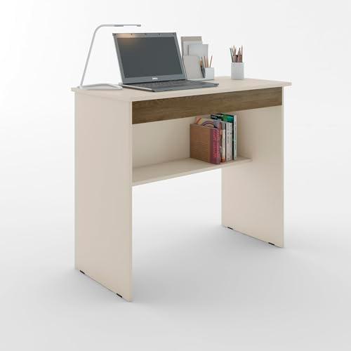 Escrivaninha/Mesa de Computador com 1 Gaveta e Prateleira Organizadora para Quarto ou Escritório de Estudo (Off White/Canela)