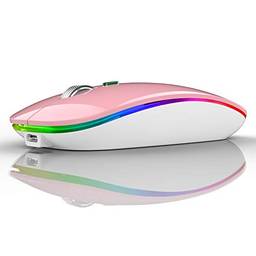 TENMOS Mouse Bluetooth sem fio, LED modo duplo fino (Bluetooth 5.1 + USB) 2.4GHz Mouse sem fio Bluetooth silencioso recarregável com adaptador tipo C para laptop/MacBook OS 13 e acima (rosa)