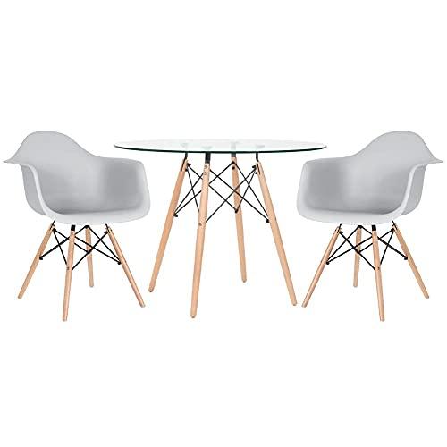 Mesa redonda Eames com tampo de vidro 100 cm + 2 cadeiras Eiffel Daw cinza claro