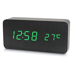 Staright LED eletrônico digital de madeira despertador hora/temperatura/data display relógio de mesa 3 níveis de brilho Controle de voz Carga USB ou bateria - preto