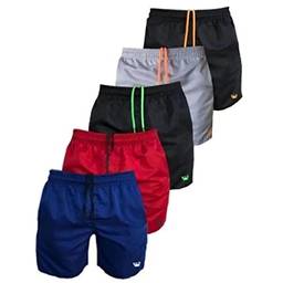 Kit 5 Shorts Moda Praia Lisos Masculinos Tactel Com Cordão Neon Relaxado (P, Preto (Verde E Laranja) Cinza-Laranja, Azul E Vermelho)