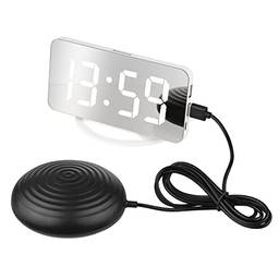 fengny Despertador vibratório Despertador digital de espelho com tela grande transparente Brilho ajustável Portas USB duplas Modo soneca para pessoas com sono pesado