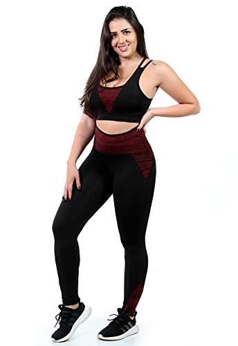 Conjunto Preto com Detalhe Risca Fitness Legging e Top Cor:Vermelho;Tamanho:G;Genero:Feminino