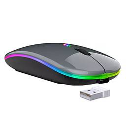 SZAMBIT Mouse Bluetooth Sem Fio,LED Slim Dual Mode (Bluetooth 5.1 + USB) Mouse Sem Fio Bluetooth Silencioso Recarregável de 2,4 GHz com Adaptador Tipo C para Laptop/MacBook/iPad OS 13,Cinza claro