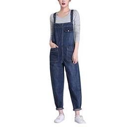 Elonglin Macacão Feminino de Jeans Calças Folgadas com Bolsos Frontais Alças Ajustáveis Macacão Jeans Moderno para Mulheres M Azul