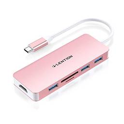 LENTION Hub USB C com HDMI 4K, 3 USB 3.0, leitor de cartão SD/Micro SD compatível 2022-2016 MacBook Pro, novo Mac Air/Surface, adaptador multi-portas certificado por motorista estável (CB-C18, ouro rosa)