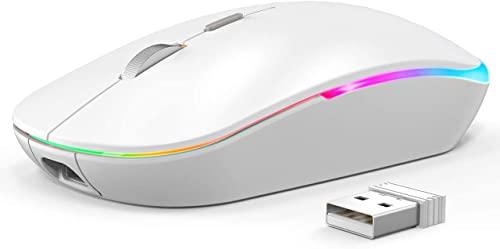 SZAMBIT Mouse Bluetooth Sem Fio,LED Slim Dual Mode (Bluetooth 5.1 + USB)Mouse Sem Fio Bluetooth Silencioso Recarregável de 2,4 GHz com Adaptador Tipo C para Laptop/MacBook/iPad OS 13,Branco