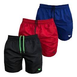 Kit 3 Shorts Moda Praia Lisos Tactel Masculinos Cordão Neon Relaxado (P, Preto-Verde, Azul E Vermelho)