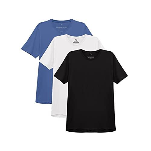 basicamente. Kit 3 Camisetas Gola C Masculina Azul Oceano/Branco/Preto GG, Camiseta