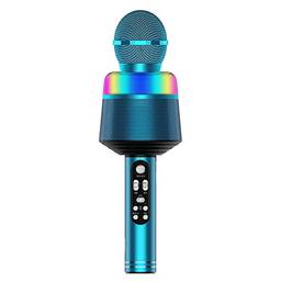 Tomshin Microfone de karaokê sem fio com luzes LED 2 em 1 portátil BT microfone alto-falante com suporte para cartão TF para dispositivos iOS/Android, azul