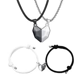 Holibanna Colar e pulseiras combinando de coração com pingente de duas almas e um coração para casais (preto e branco)
