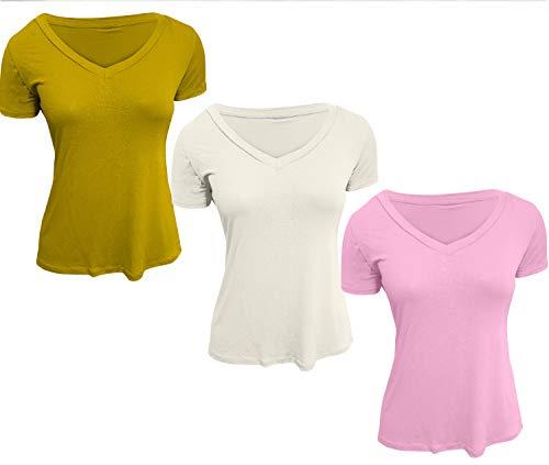 Kit 3 Camisetas Feminina Gola V Podrinha (Mostarda - Off - Rosa, EXG 46 ao 54)