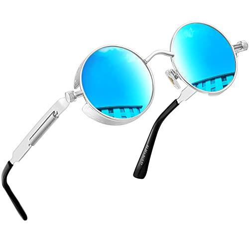 Óculos de Sol Joopin Redondos Femininos e masculinos Polarizados, John Lennon Pequeno Círculo Hippie Vintage Retrô Steampunk Armação de Metal com proteção UV (Azul Espelhado Prateado)