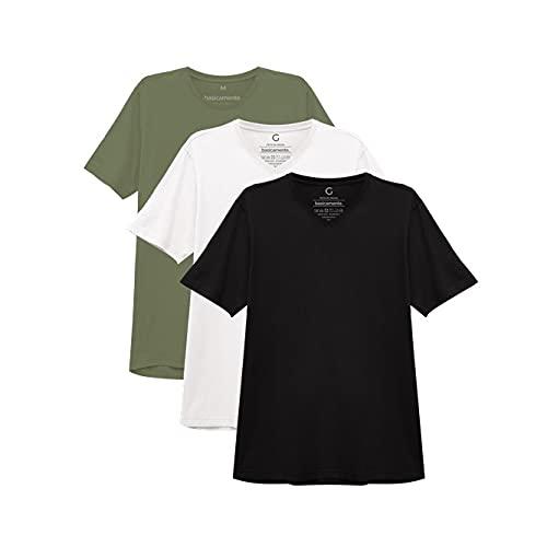 basicamente. Kit 3 Camisetas Gola V Masculina Verde Folha/Branco/Preto XGG, Camiseta