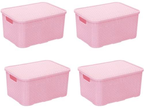 Kit Com 4 Caixas Organizadoras com tampa Rattan 3,5 Litros Decorativa Rosa