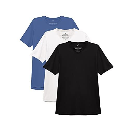basicamente. Kit 3 Camisetas Gola V Masculina Azul Oceano/Branco/Preto GG, Camiseta