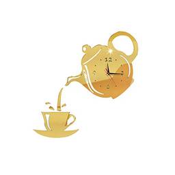 Yaochen Relógio de parede 3D faça você mesmo com acrílico em forma de xícara de café em forma de bule de chá, relógios de parede decorativos para cozinha, sala de estar, sala de jantar, relógio de decoração de casa, relógio com espelho removível