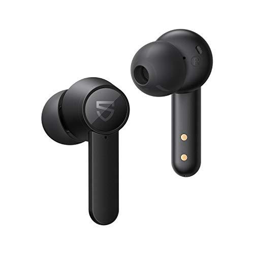 SOUNDPEATS Q Fones de ouvido sem fio Bluetooth 5.0 in-Ear com 4-Microfone Driver de 10 mm Touch Control, Total de 21 horas Tempo de reprodução USB-C Charge (Preto)