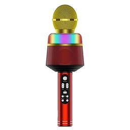 Tomshin Microfone de karaokê sem fio com luzes LED 2 em 1 portátil BT microfone alto-falante com suporte para cartão TF para dispositivos iOS/Android, vermelho