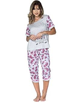 Pijama Feminino Pescador Bermuda Adulto Blusa Calça Curta Inverno Barato Cor:Cinza;Tamanho:GG